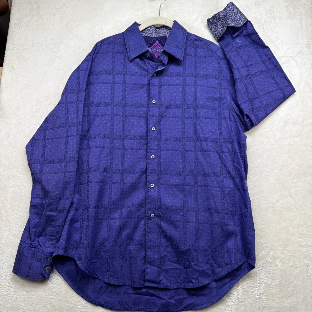 Robert Graham Button Up Shirt Men's L Purple‎ Plaid Flip Cuff Geometric Cotton